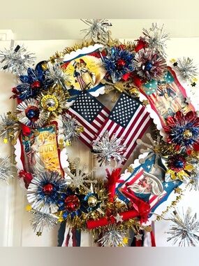 Vintage Repurposed 4th of July Festive Holiday Wreath
